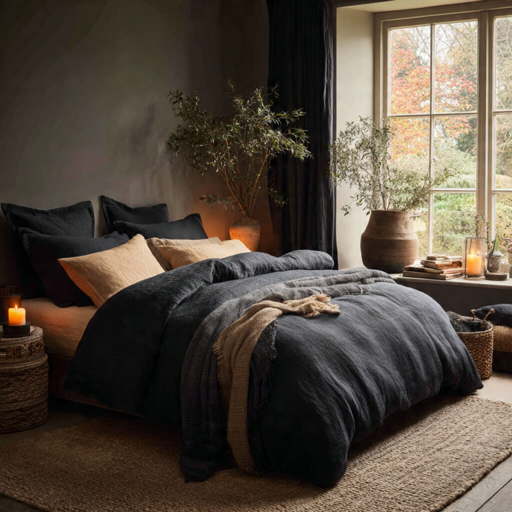 a cozy bedroom with dark bedding and