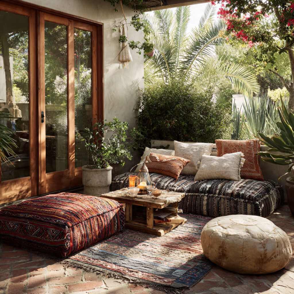 a cozy boho patio with floor seating