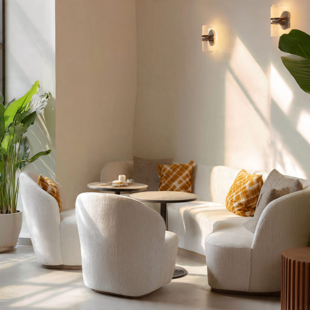 a cozy corner seating area with soft