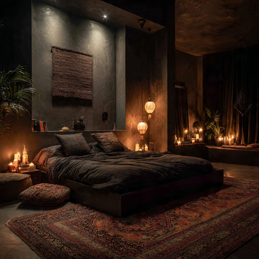 a cozy dark boho bedroom with soft