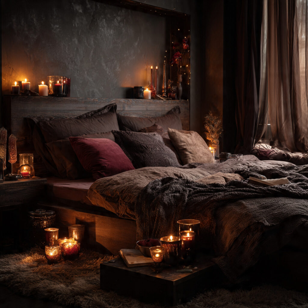 a cozy dark feminine bedroom with candles