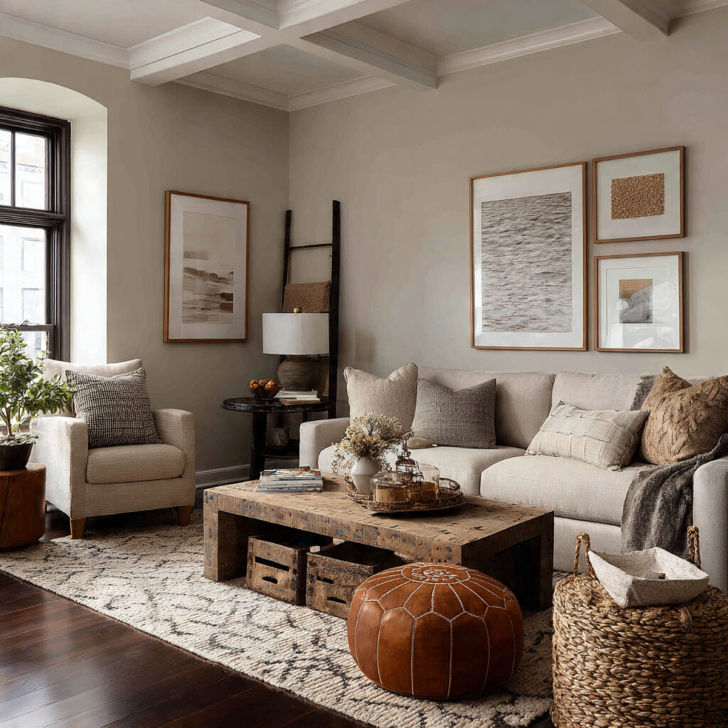 a cozy earthy living room with warm