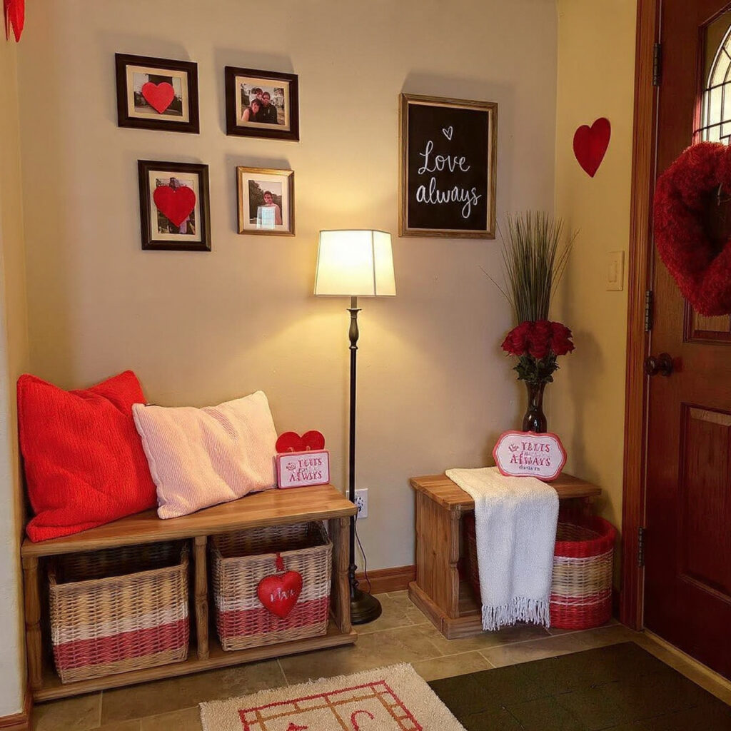 a cozy entryway with wooden benches baskets