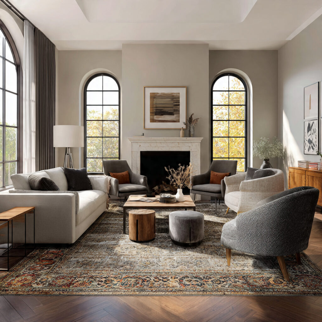 a cozy layered living room seating arrangement