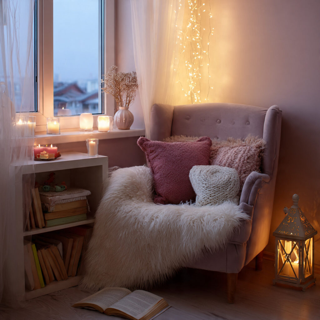 a cozy reading corner adds warmth to