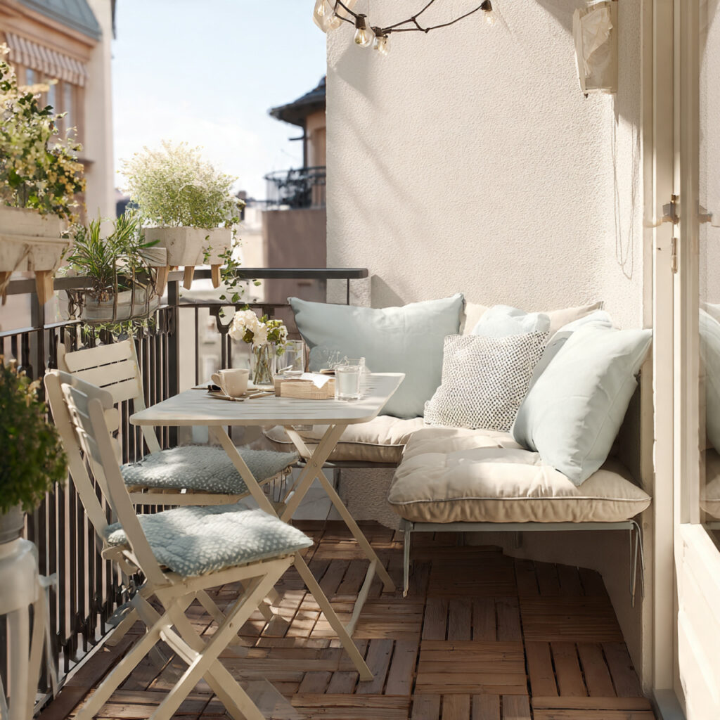a cozy small balcony with compact seating