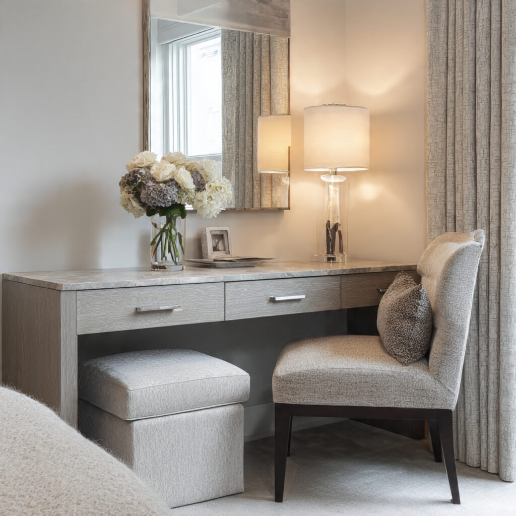 a custom built vanity fits the bedroom