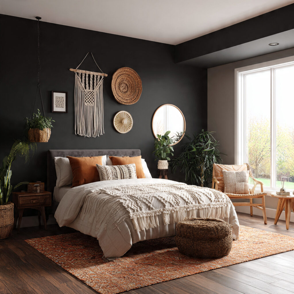 a dark accent wall sets the mood