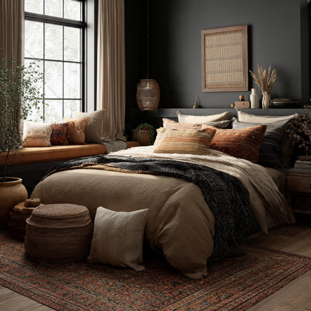 a dark boho bedroom with beige and