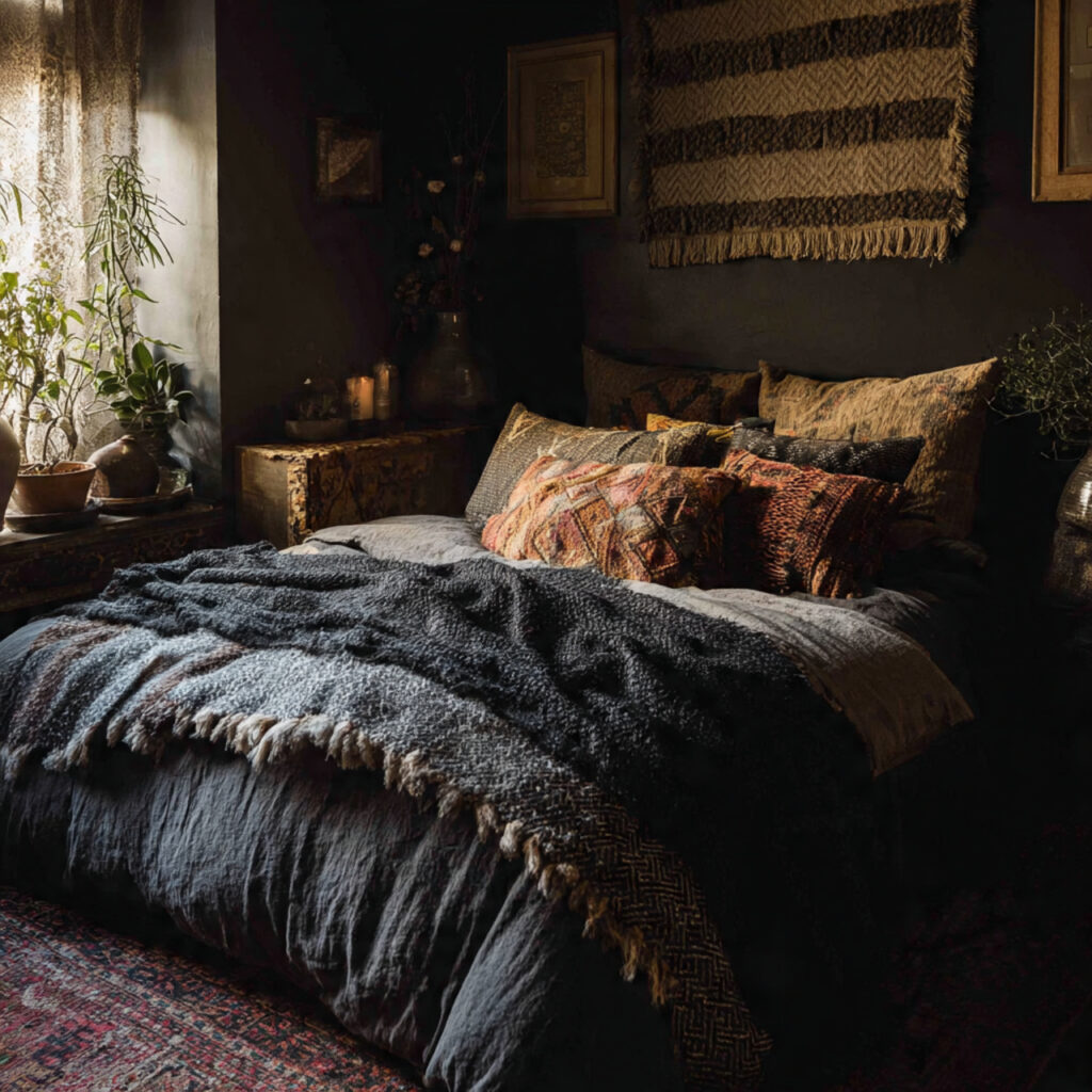 a dark boho bedroom with layered textiles