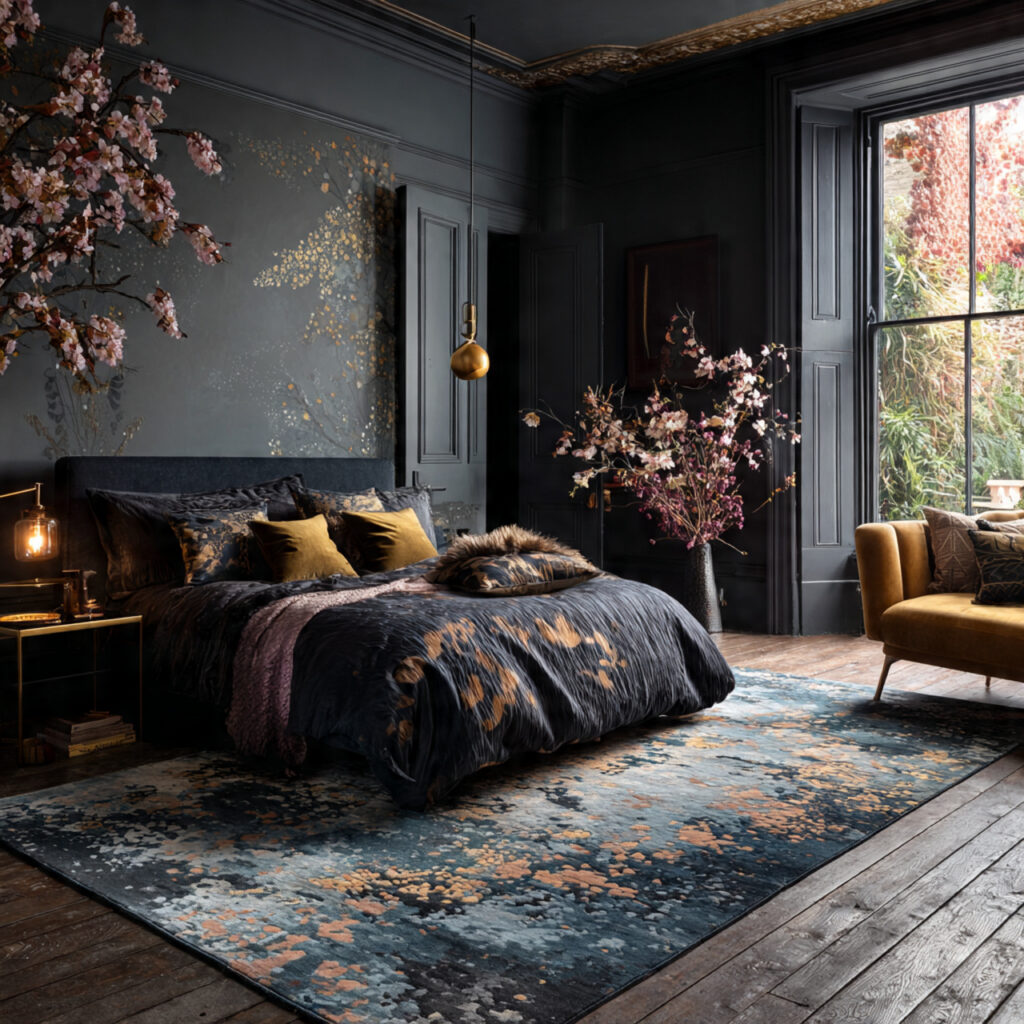 a dark feminine bedroom with a moody