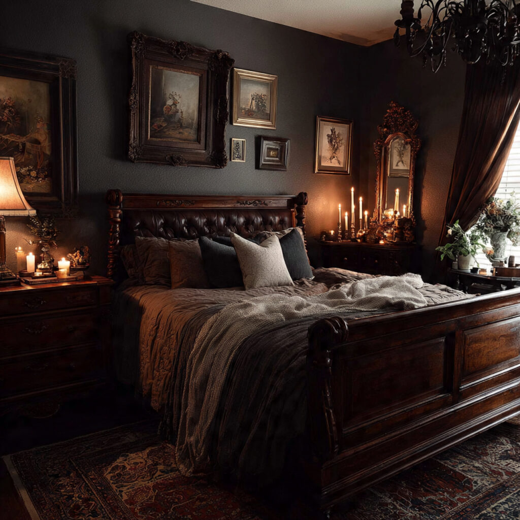 a dark feminine bedroom with dark wood