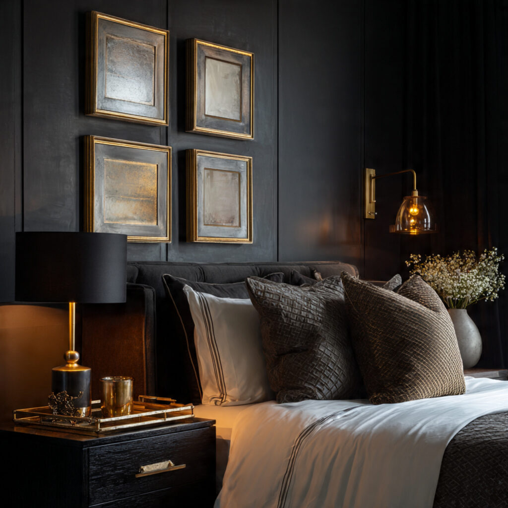 a dark feminine bedroom with metallic accents