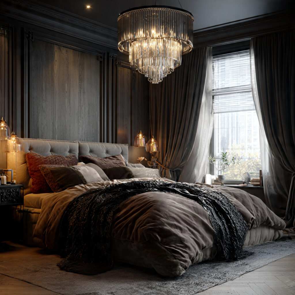a dark feminine bedroom with soft and