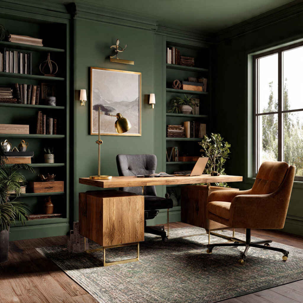 a deep green walls create a calming