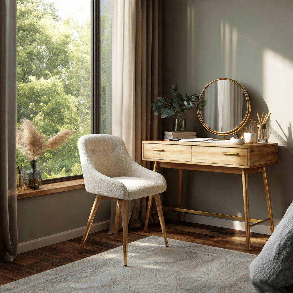 a desk style vanity with a compact