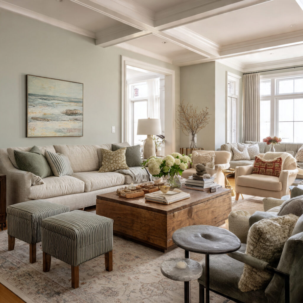 26 Sage Green Living Room Ideas That Look Calm and Elegant 19 a family living room with layered seating