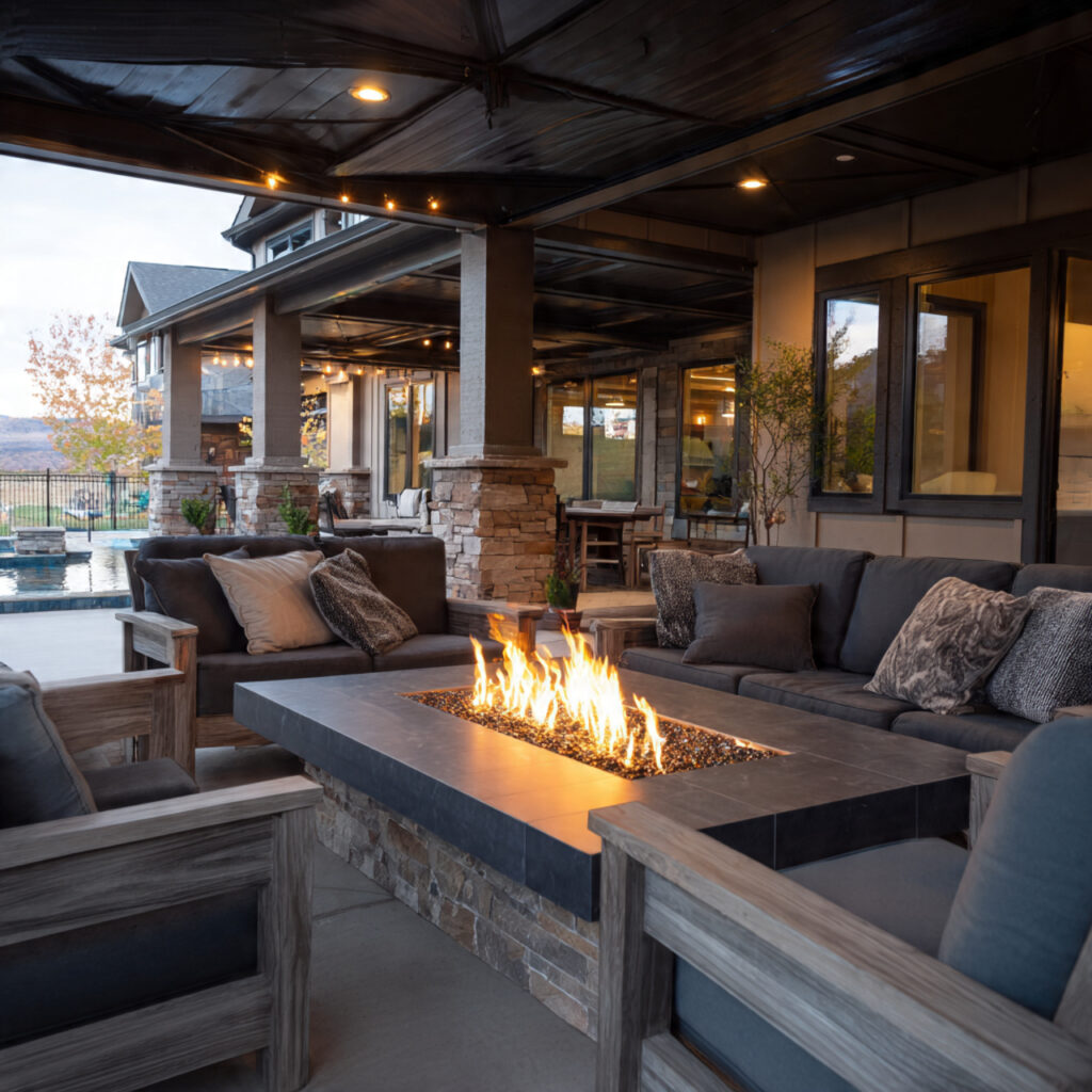 a fire pit under a covered patio