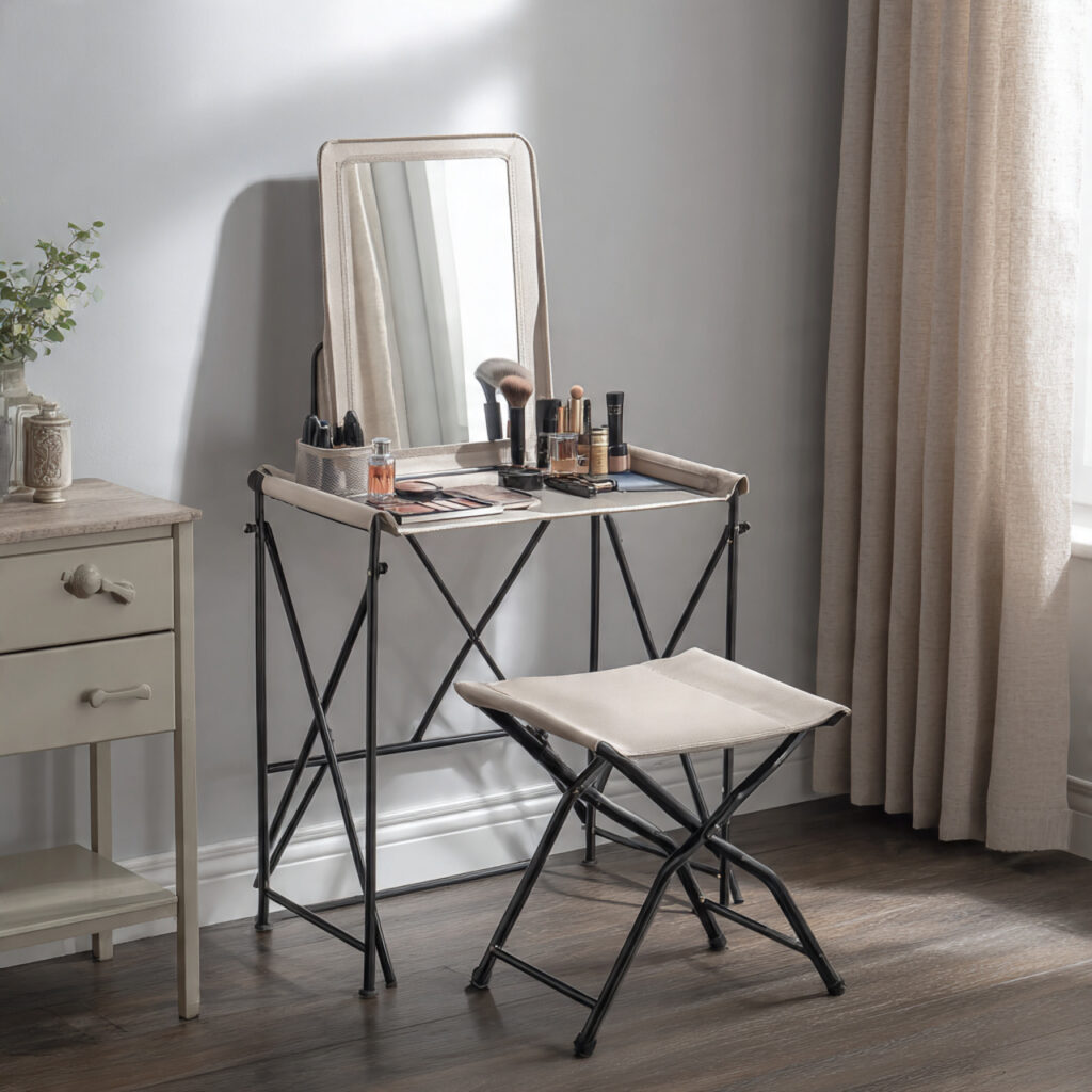 a foldable vanity chair setup improves space