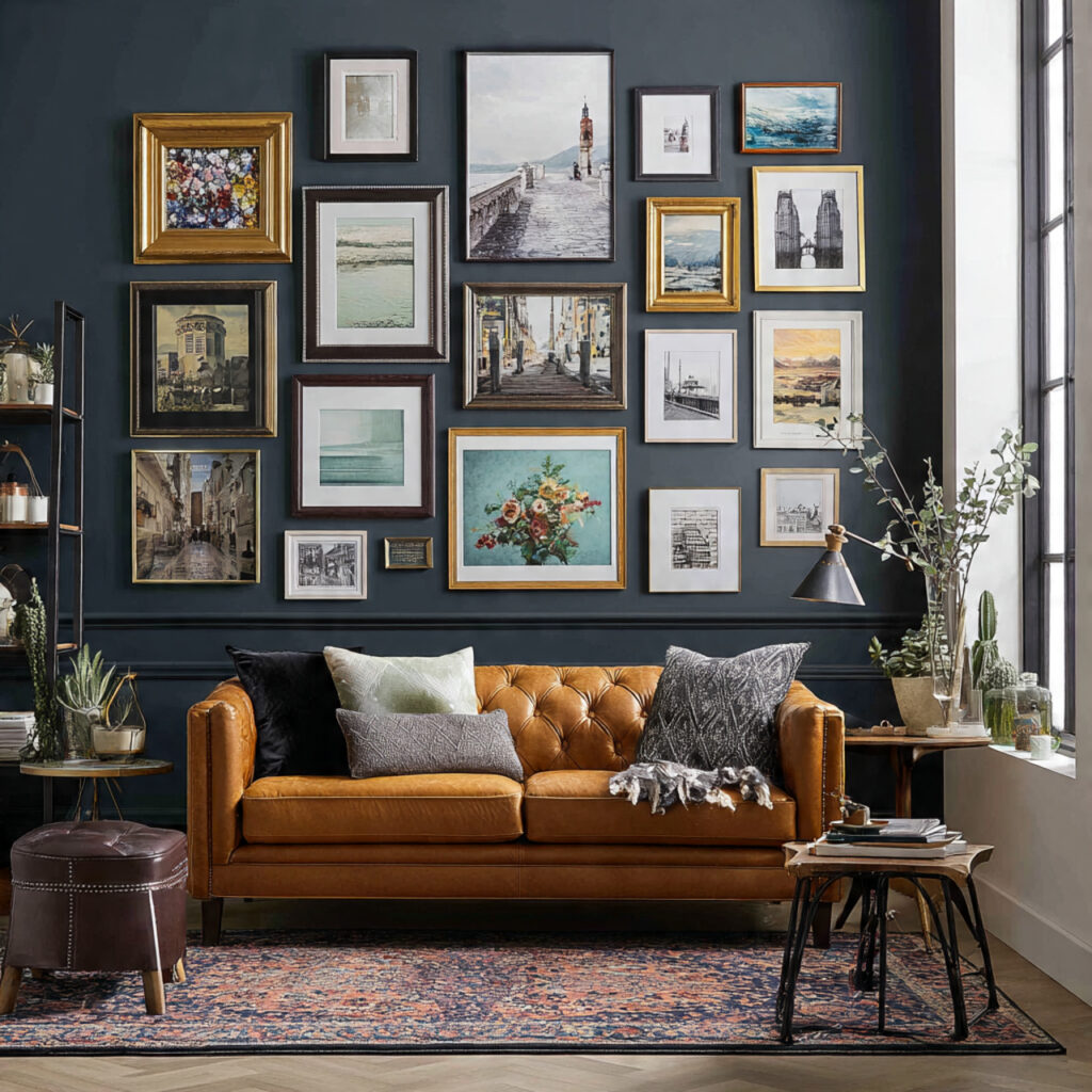 a gallery wall with mixed frame styles