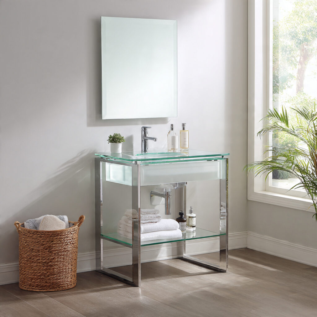 a glass top vanity creates visual openness