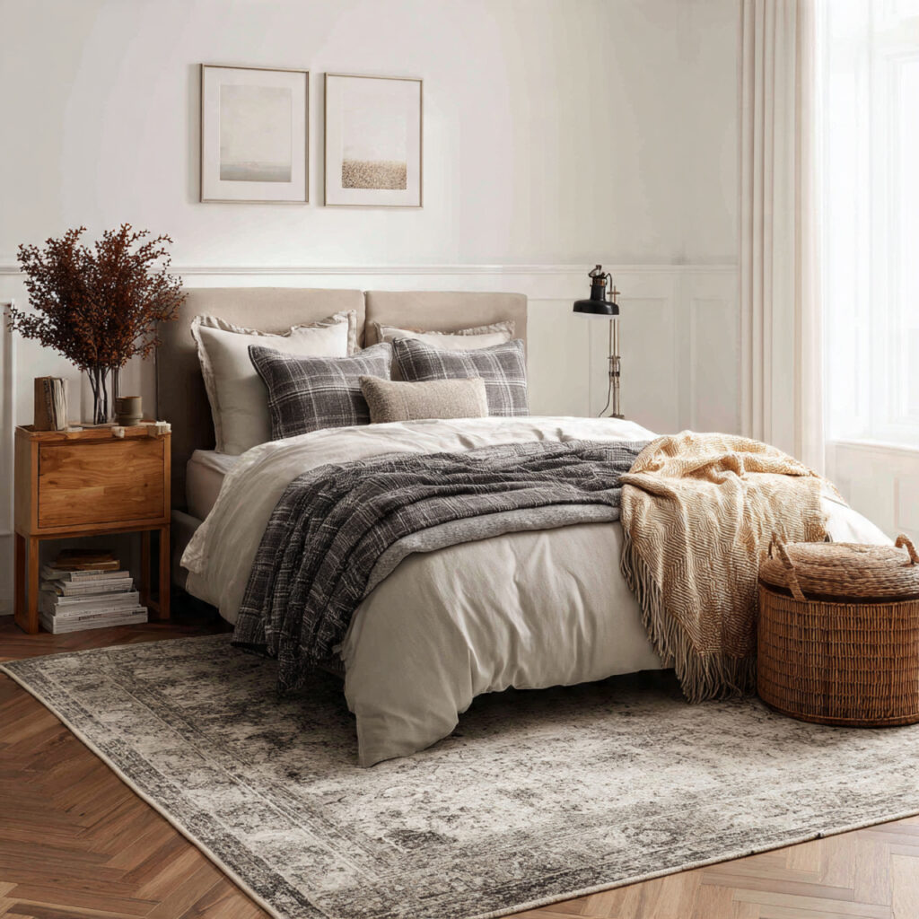 a large area rug behind the bed