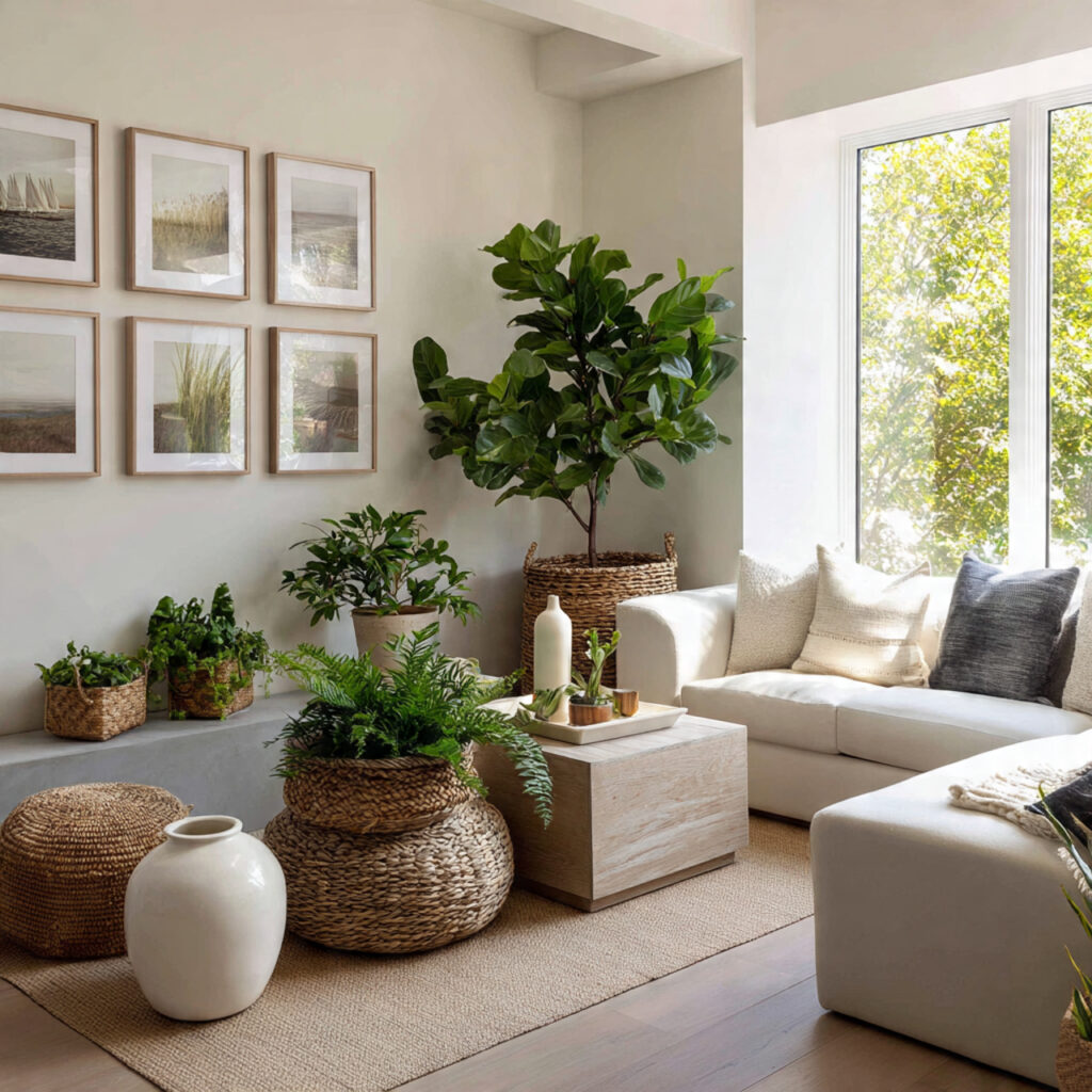a living room with a contemporary coastal