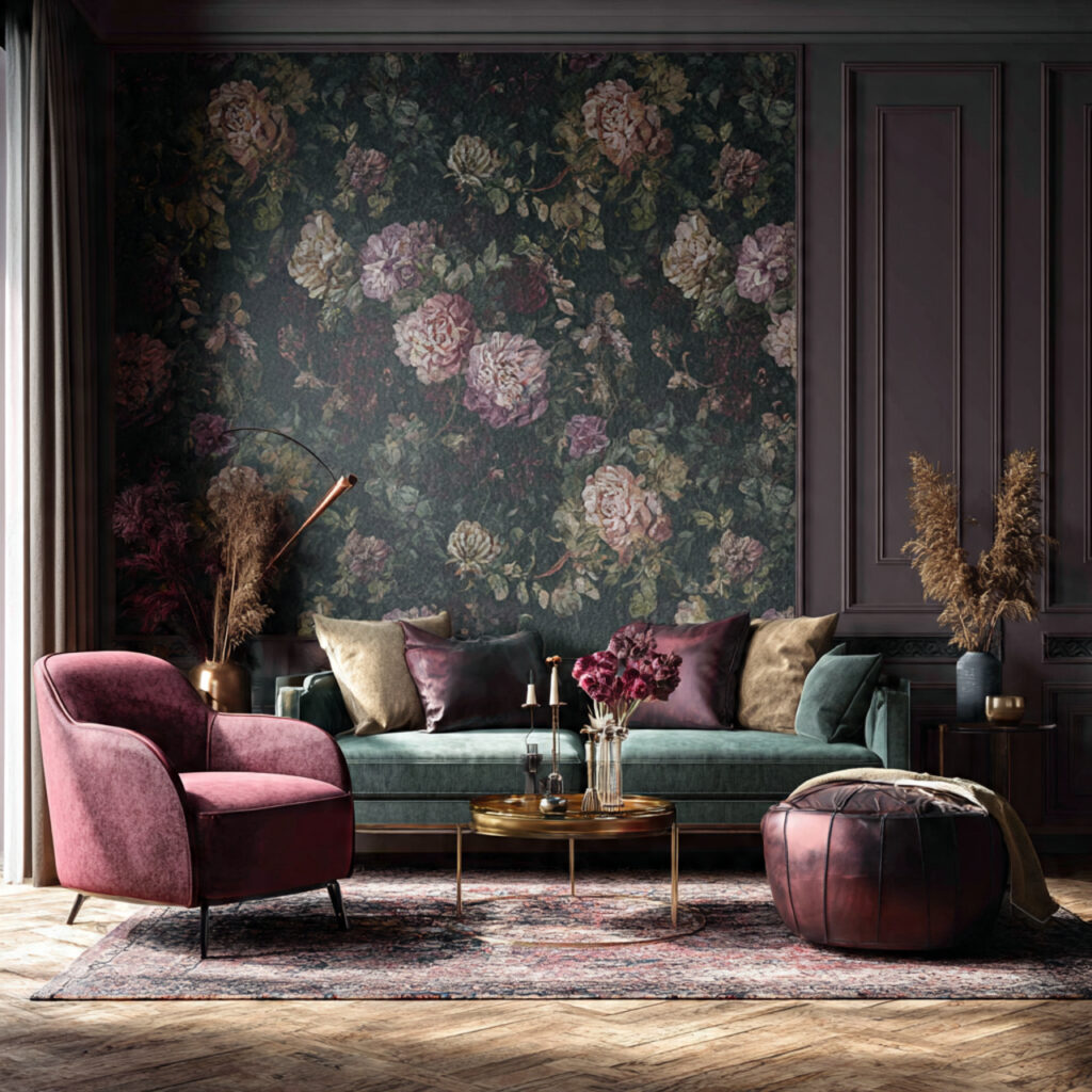 a living room with a feature wall