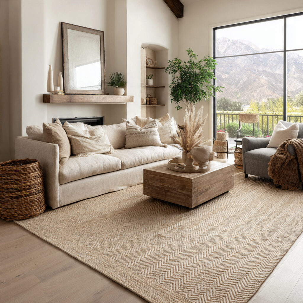 a living room with a natural fiber 1