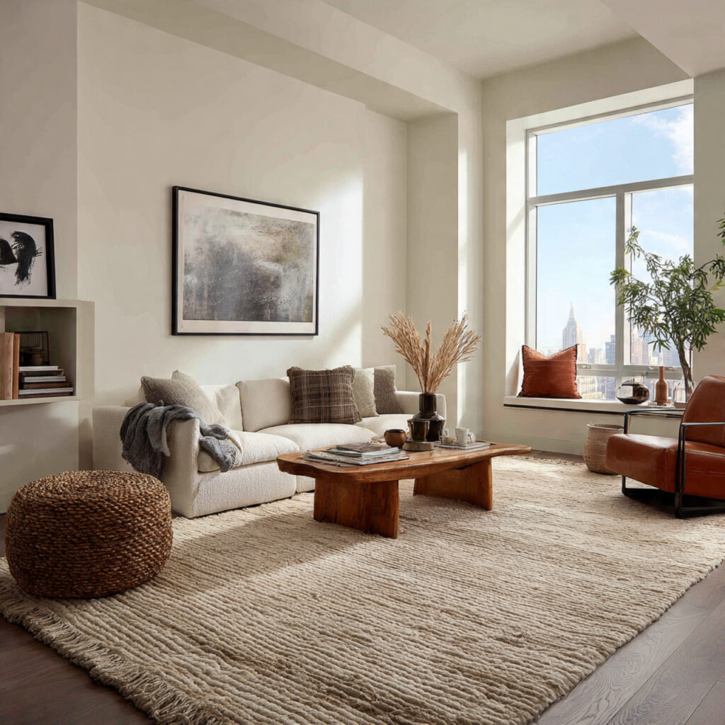 a living room with a natural fiber