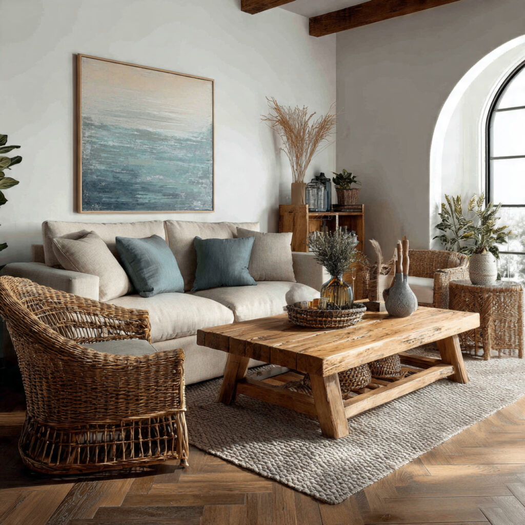 a living room with a rattan accent