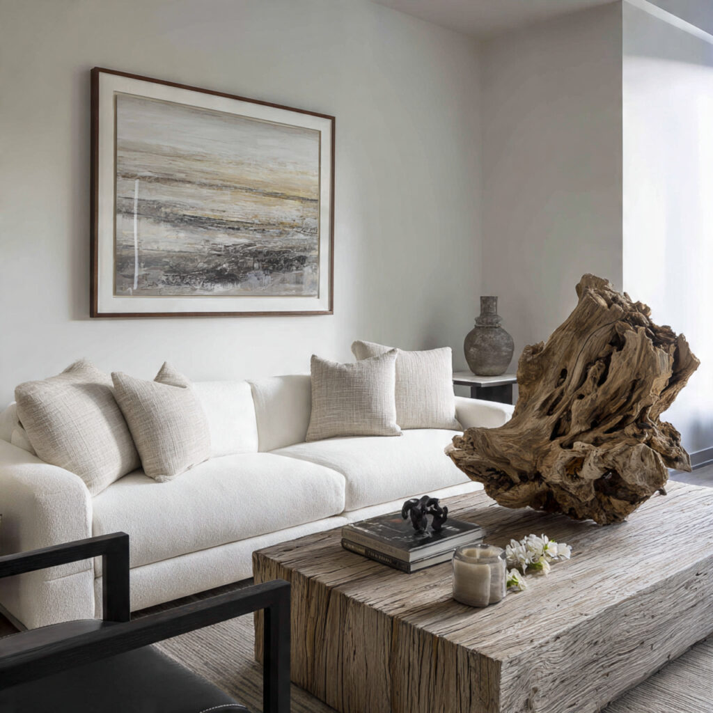 a living room with a weathered wood