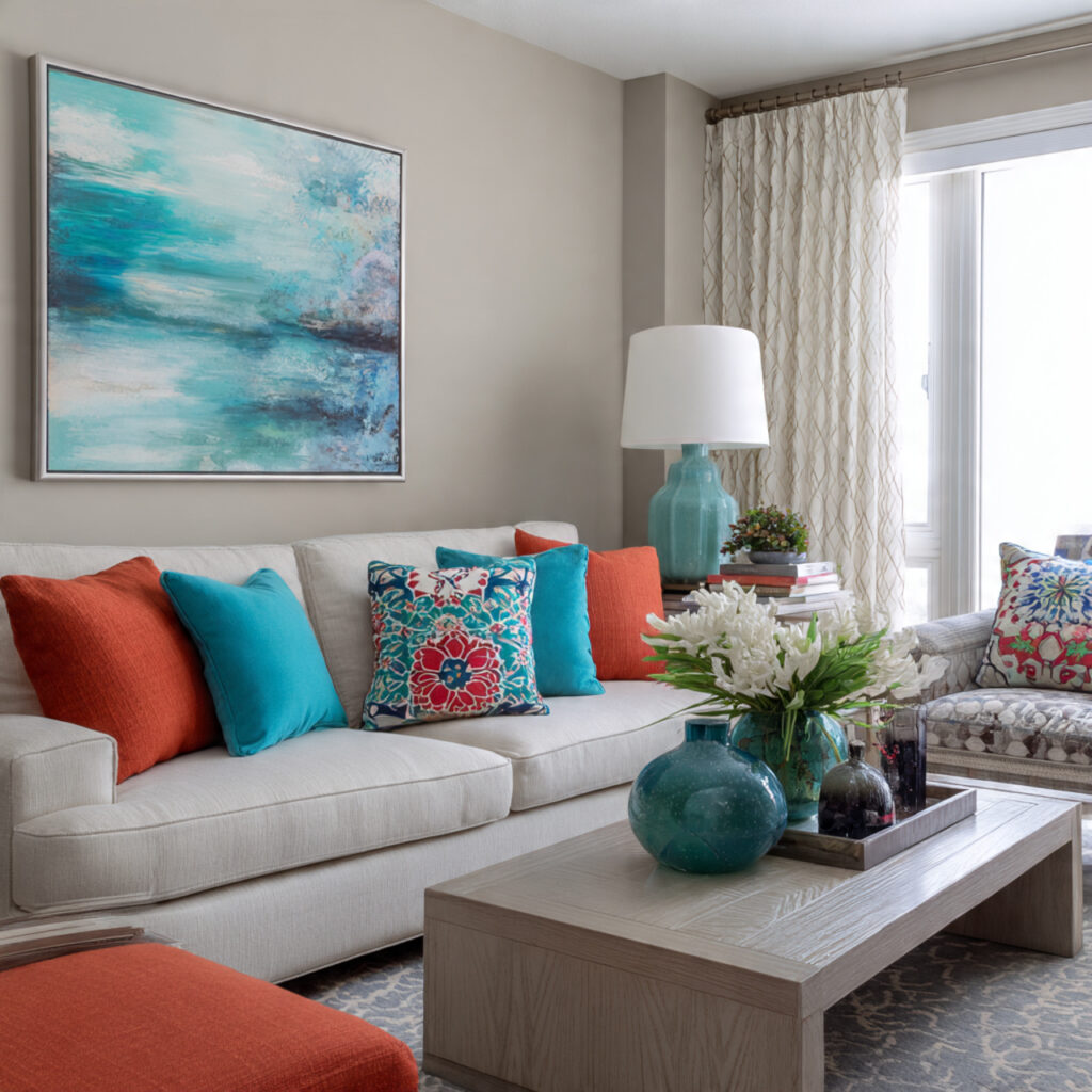 a living room with bright accessories against
