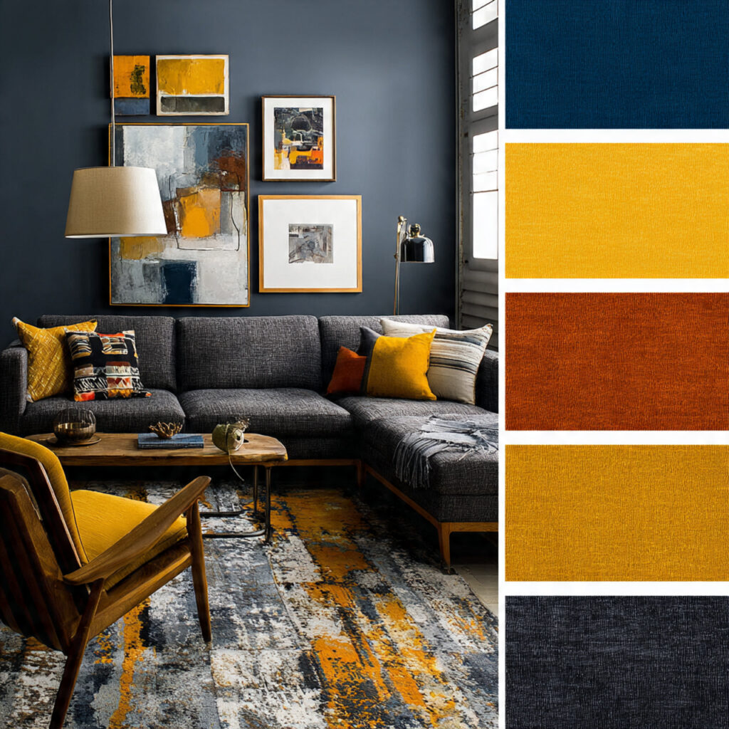 a living room with color blocking using