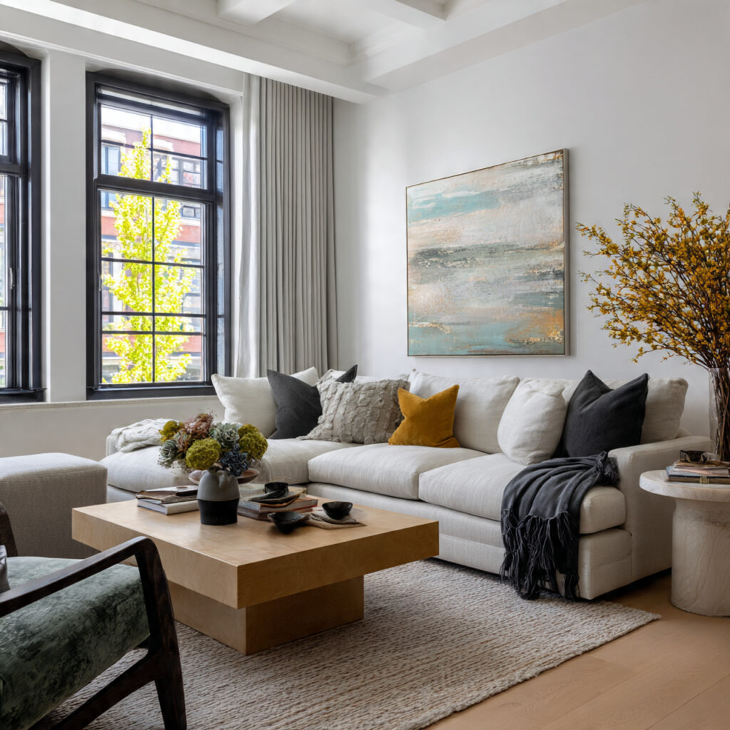a living room with decorative objects that