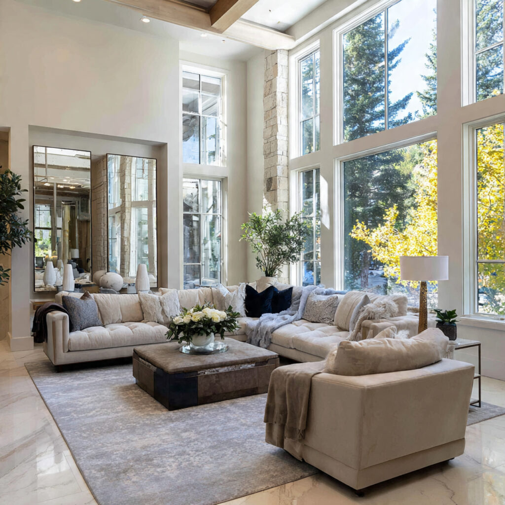 a living room with large windows that
