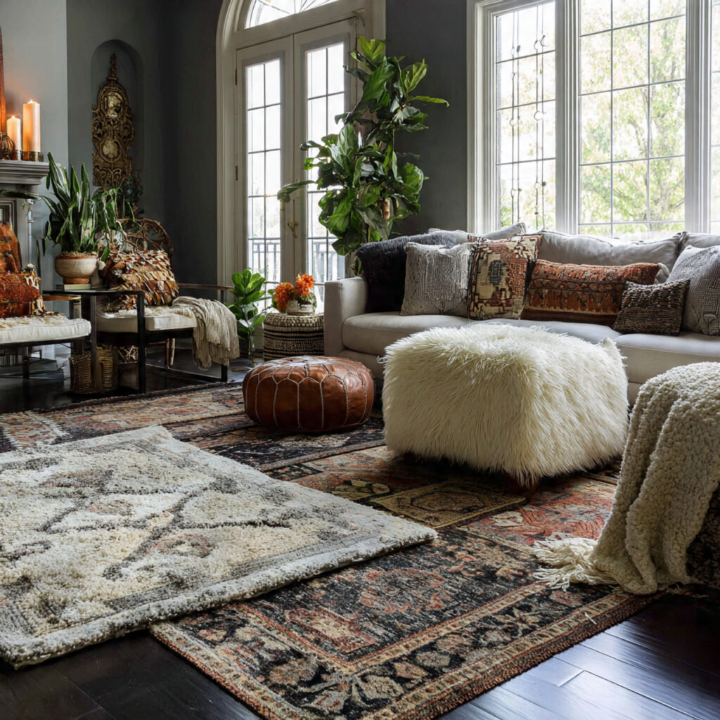 a living room with layered rugs adding
