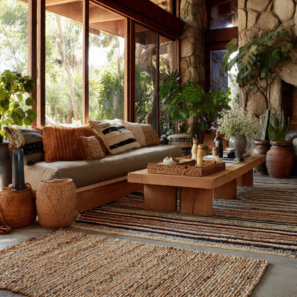 a living room with layered rugs and