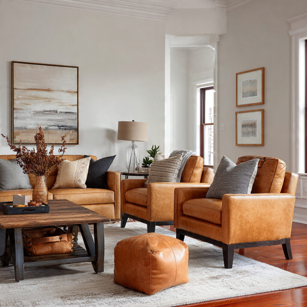 a living room with leather chairs cushions