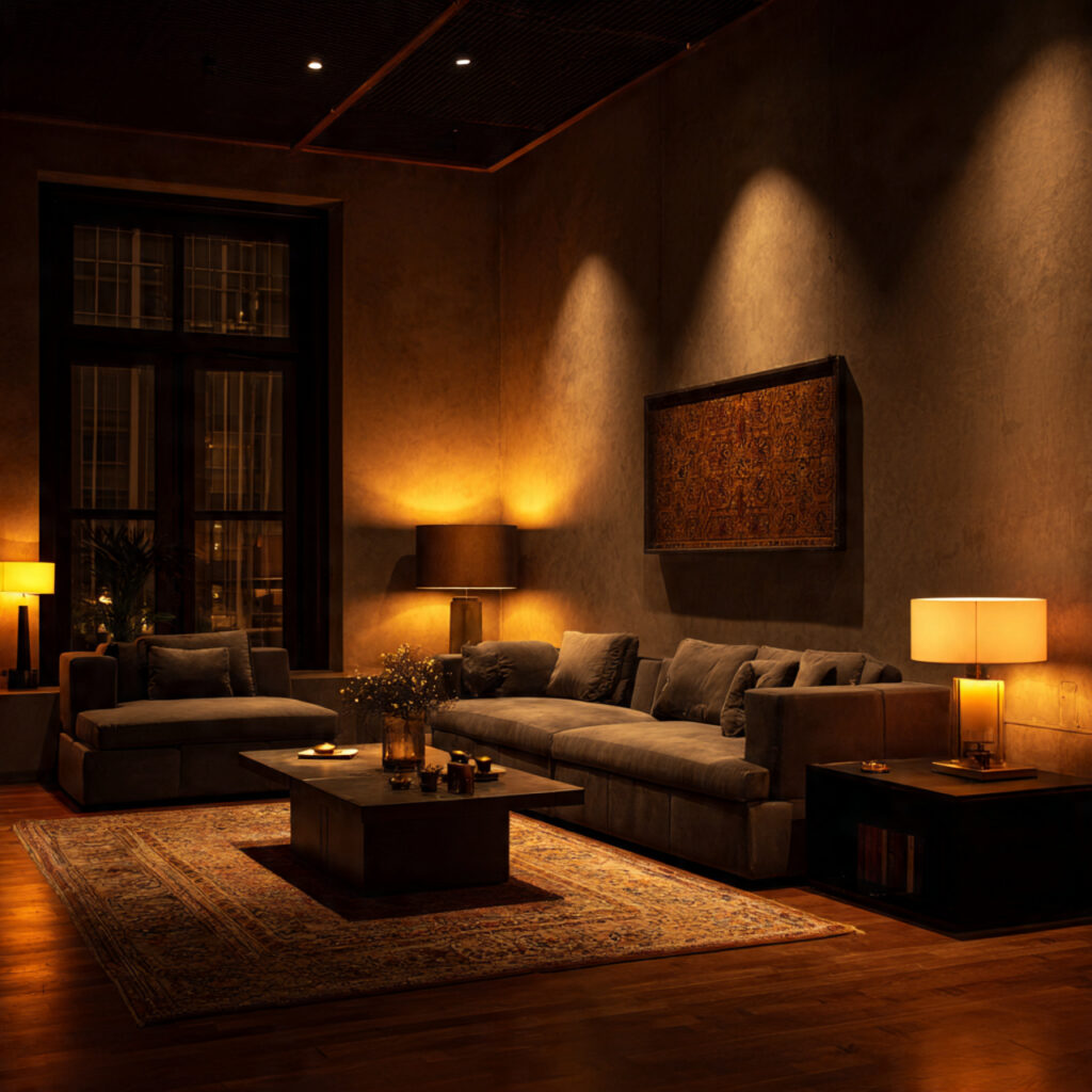 a living room with low lighting warm