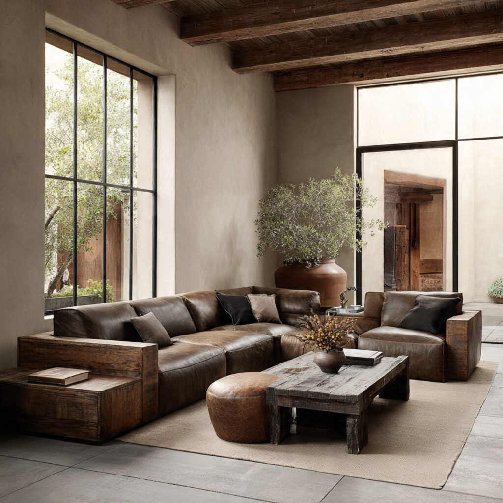 a living room with low profile furniture