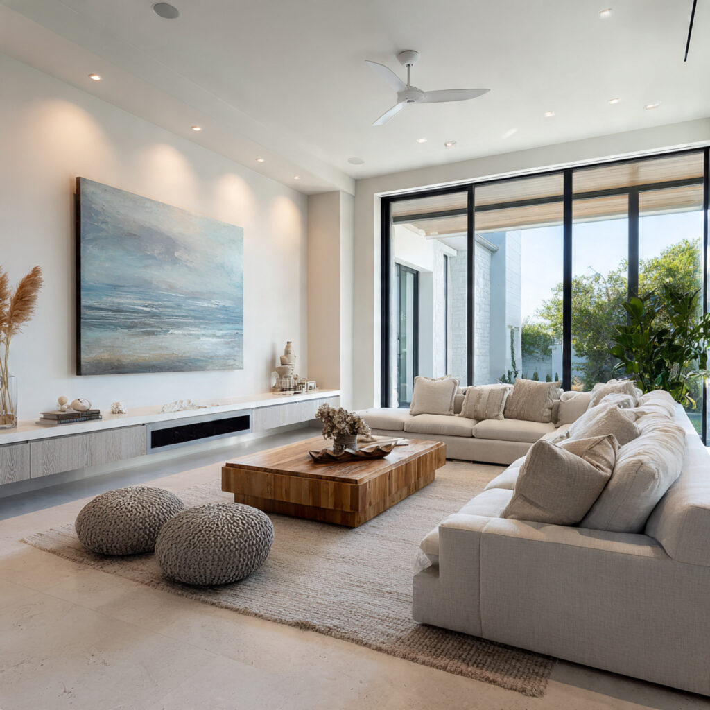 a living room with low profile furniture enhancing