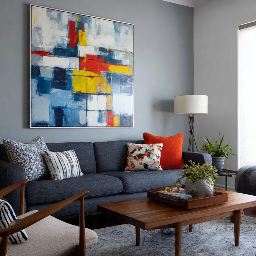a living room with modern art as