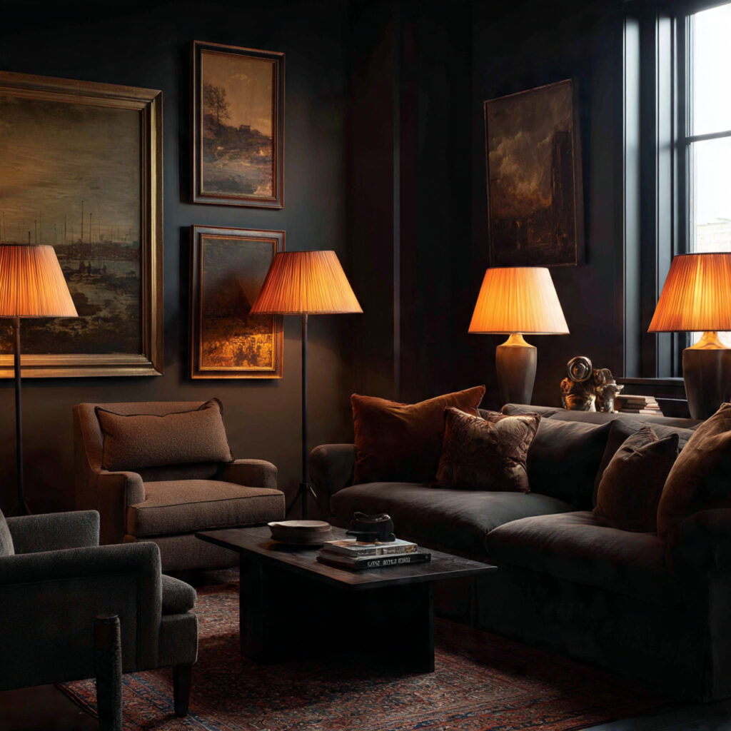 a living room with moody lighting and