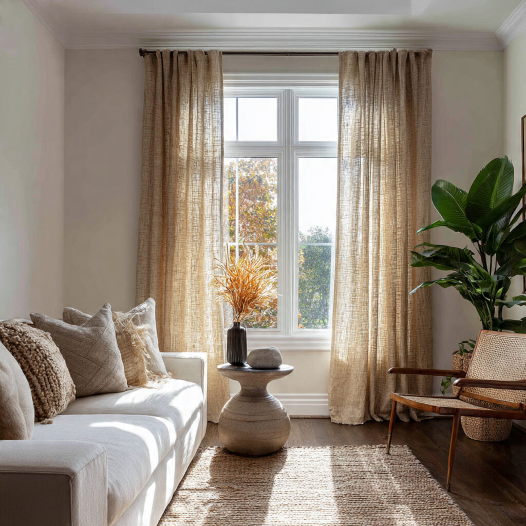 a living room with natural fiber curtains