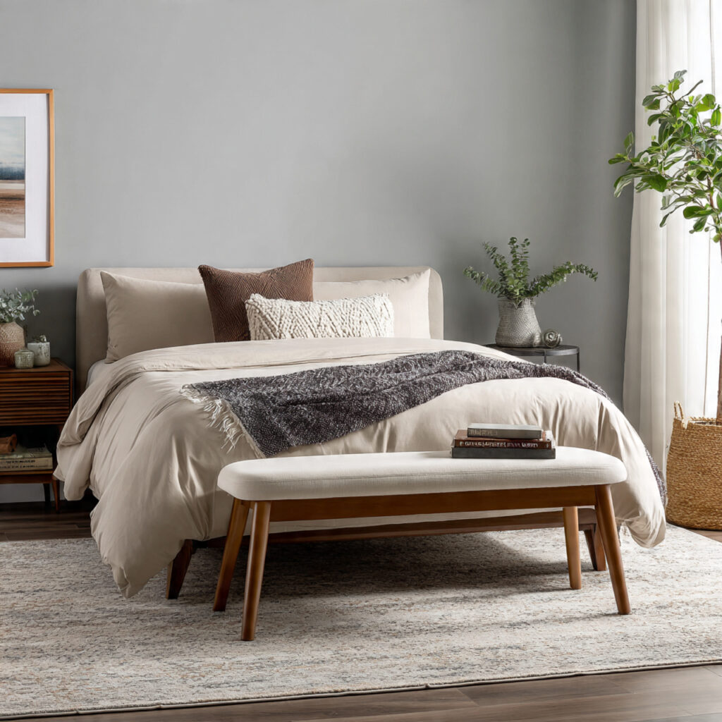 a minimal bench placed behind the bed