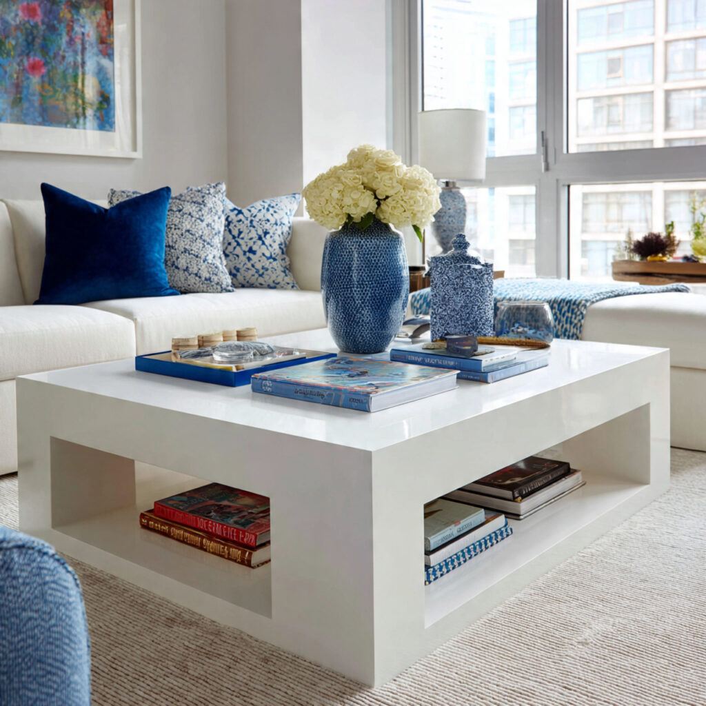 a minimal coffee table keeps the center