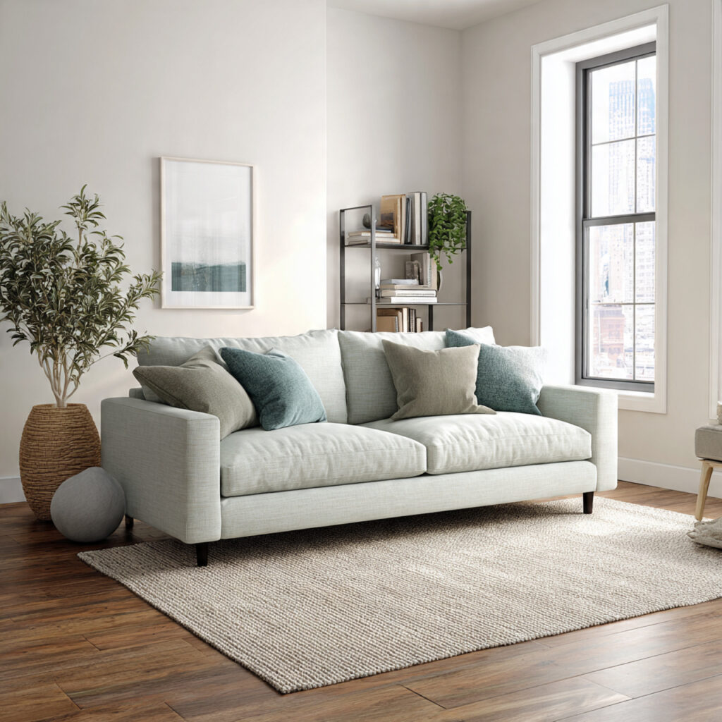 26 Sage Green Living Room Ideas That Look Calm and Elegant 14 a minimal sofa provides a calm foundation