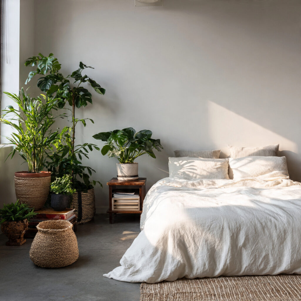 a minimalist bedroom with a few well chosen