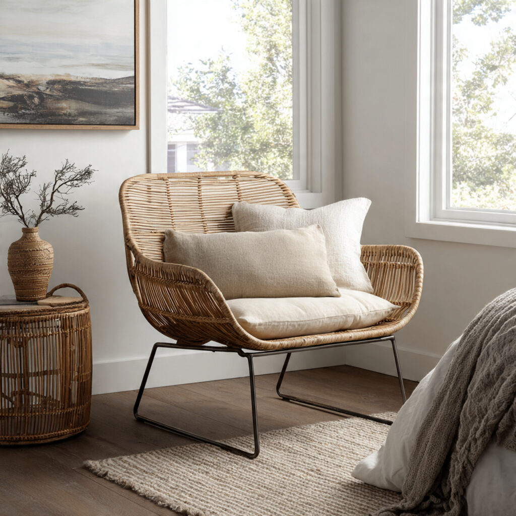 a minimalist bedroom with a single rattan